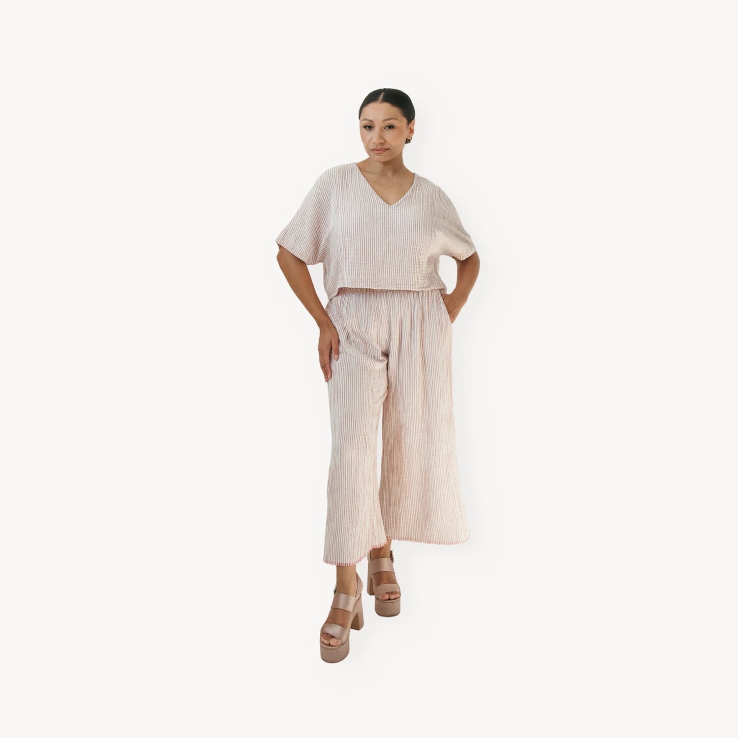 Striped crinkle palazzo pants red
