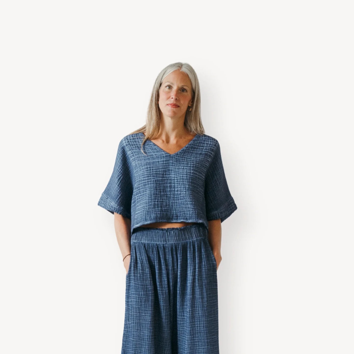 Crinkle crop top denim