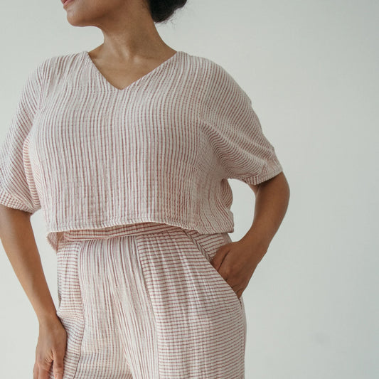 Striped crinkle crop top red