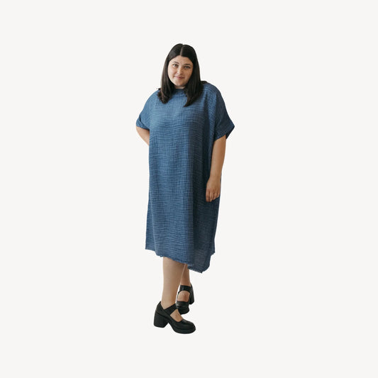 Crinkle balloon dress denim