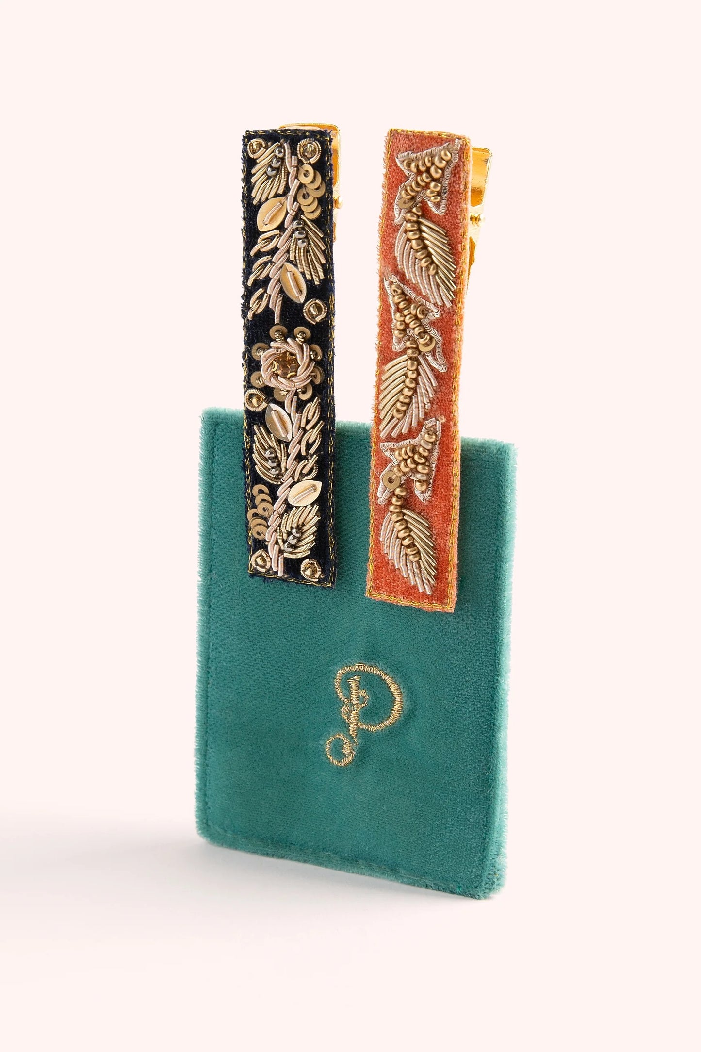 Navy/Tangerine leaves hair bars - Powder