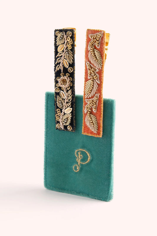 Navy/Tangerine leaves hair bars - Powder