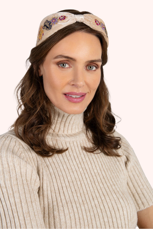 Cream posy velvet headband - Powder